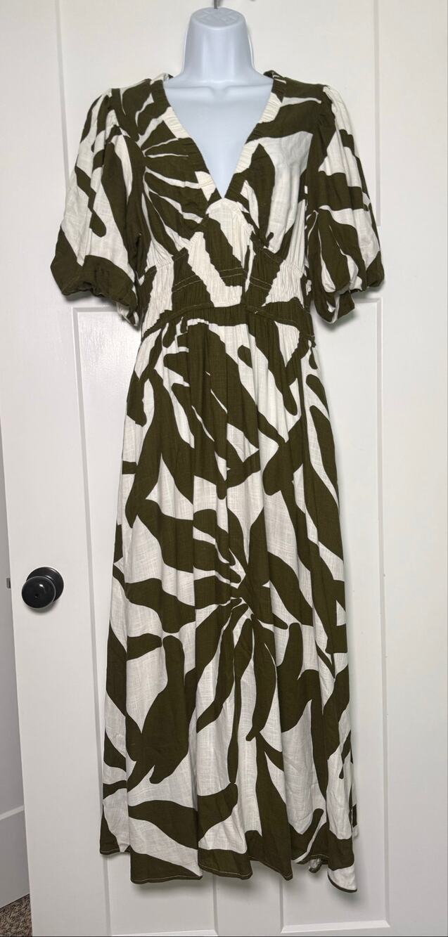 White Closet Elements Linen Blend Puff Sleeve Midi Dress Olive Green Leaf LARGE